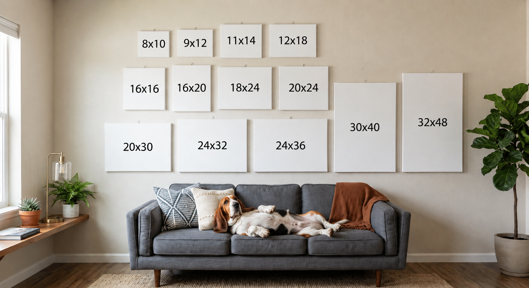 Canvas size comparison guide showing different portrait sizes on a wall